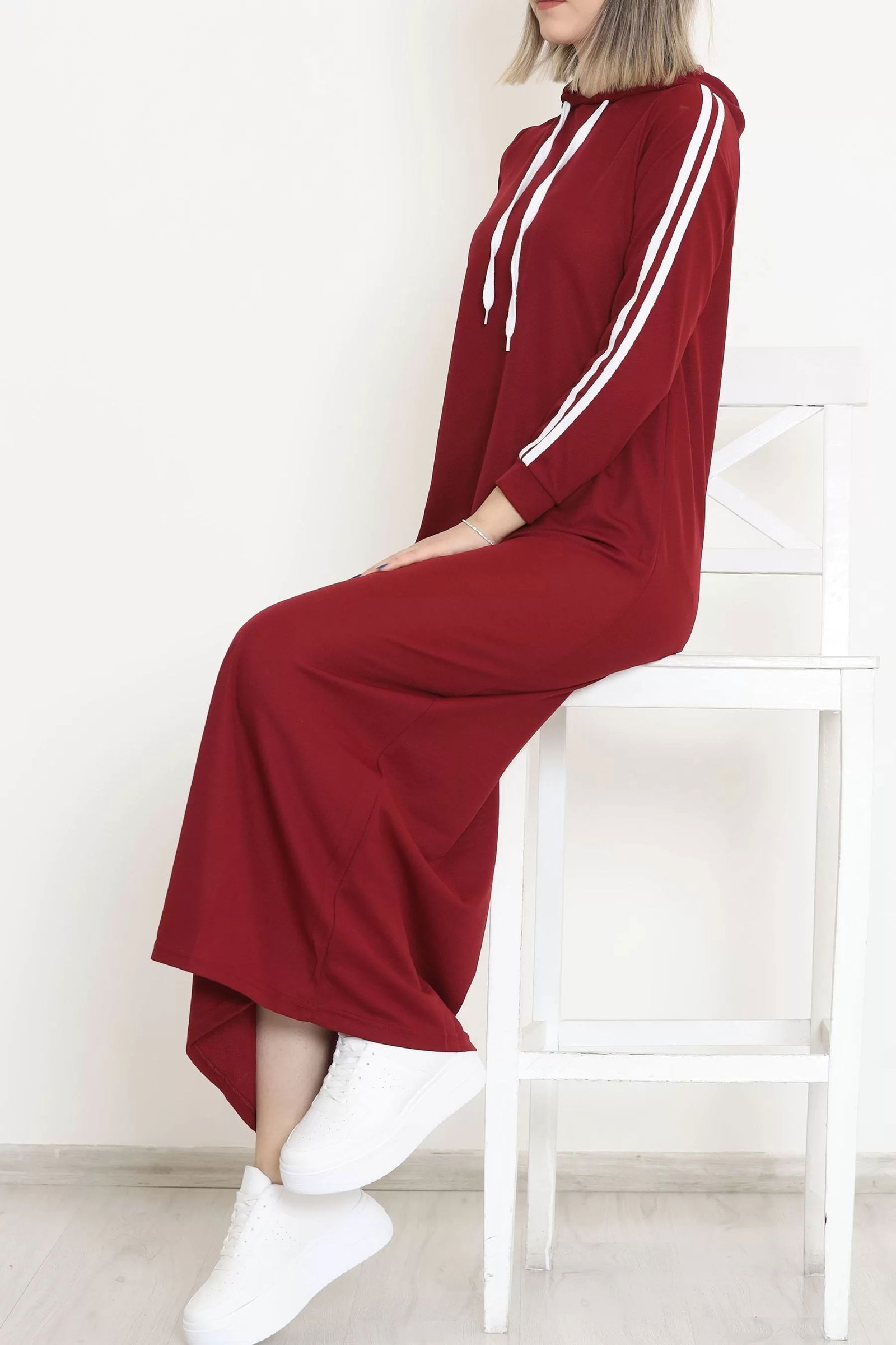 Hooded Stripe Detailed Dress Burgundy - 10005.1778.