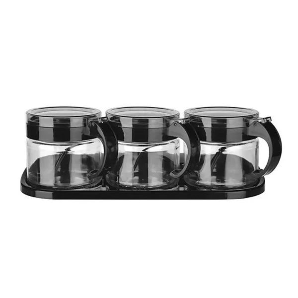 Tufeyo black 3-Piece Standing Glass Airtight Spice Rack Set with Lid and Spoon Kc-386