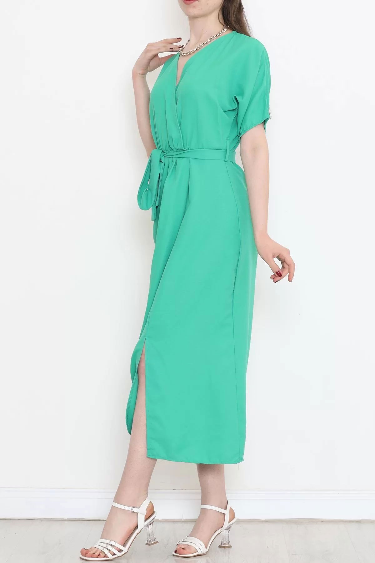 Double-breasted Collar Belted Dress Green - 152445.701.