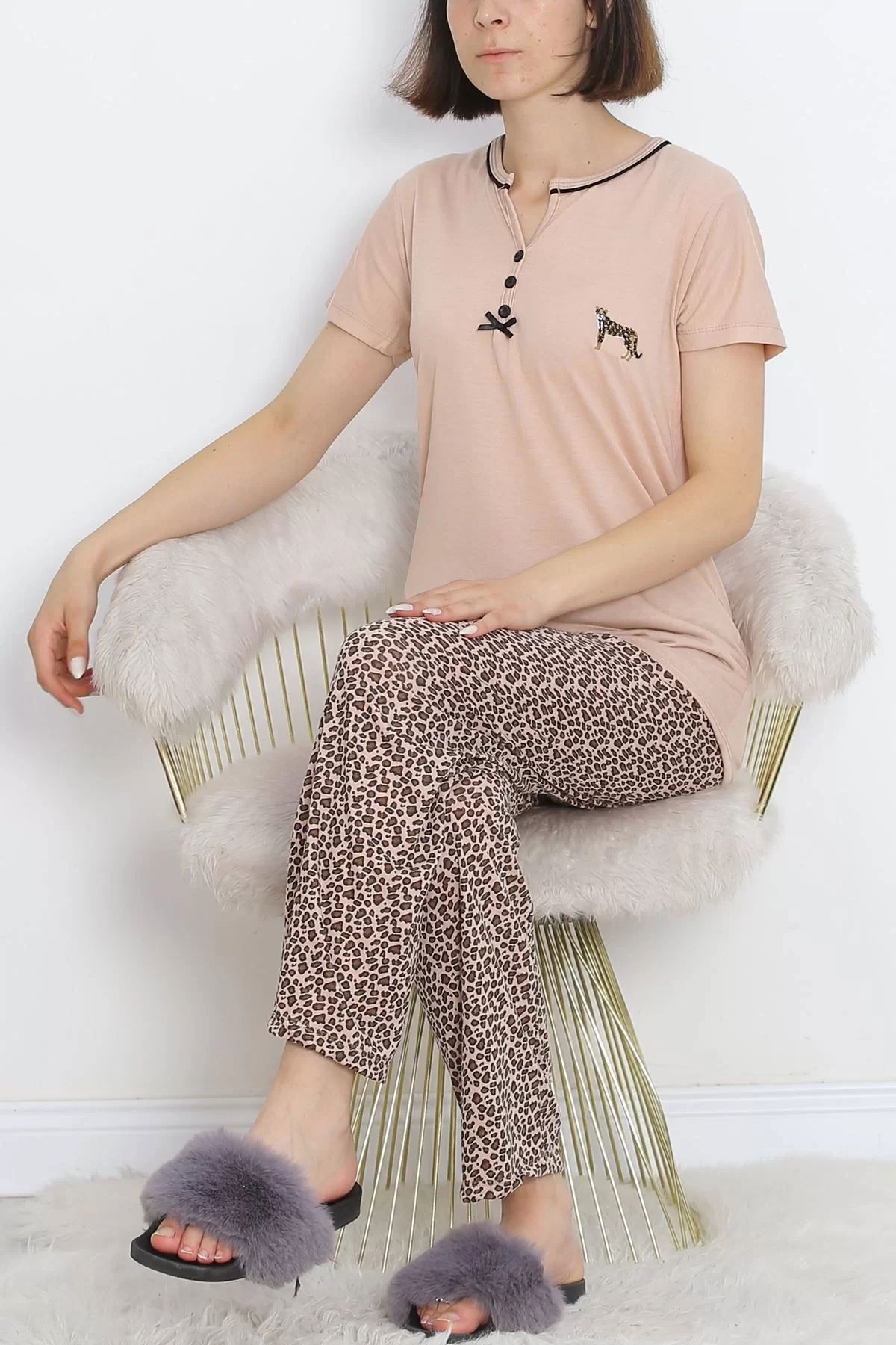 Pear Neck Short Sleeve Pajama Set Beige with Interlocking Piping - 705.1287.