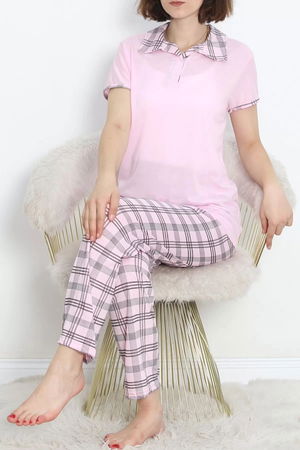 Poly Viscose Polo Collar Pajama Set Pembekareli - 896.1287.