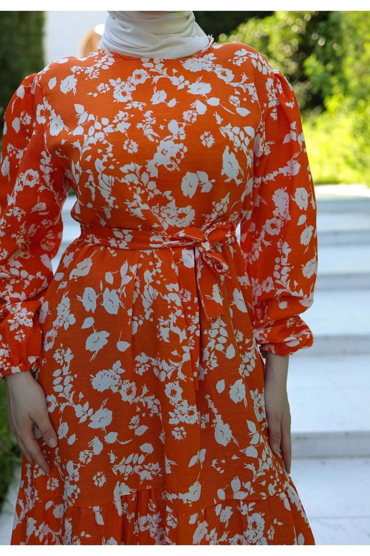 Patterned Dress Orange-White - 10067.1778.