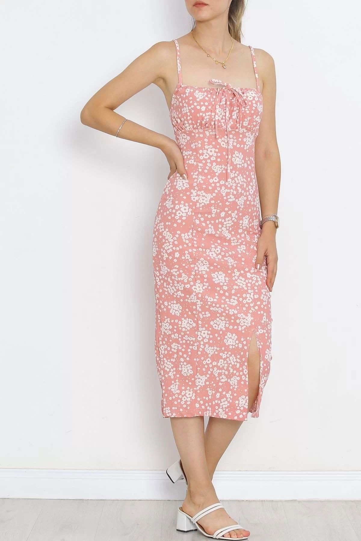 Strappy Patterned Dress Pudrabeyaz - 650.1247.