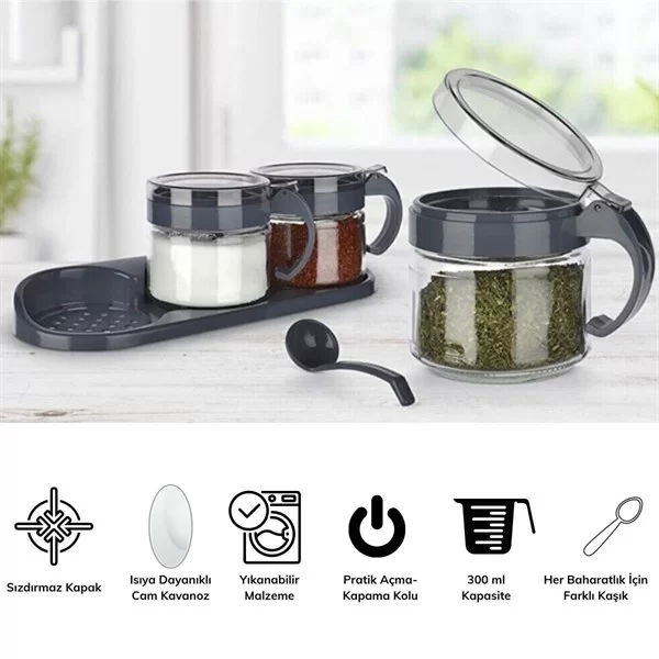 Tufeyo gray 3-Piece Standing Glass Airtight Spice Rack Set with Lid and Spoon Kc-386