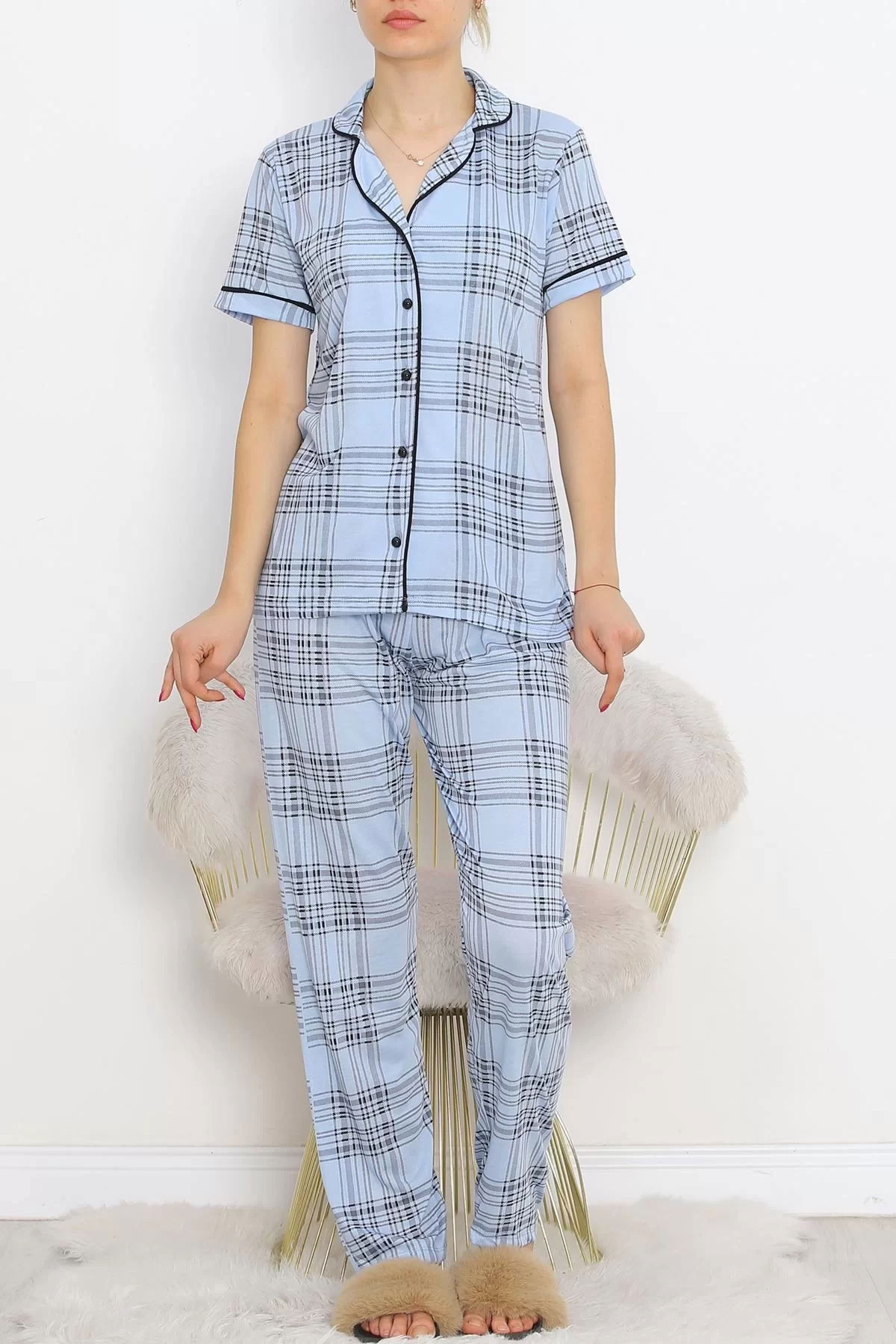 Polyviscose Interlock Short Sleeve Pajama Set Blue Black - 927.1287.