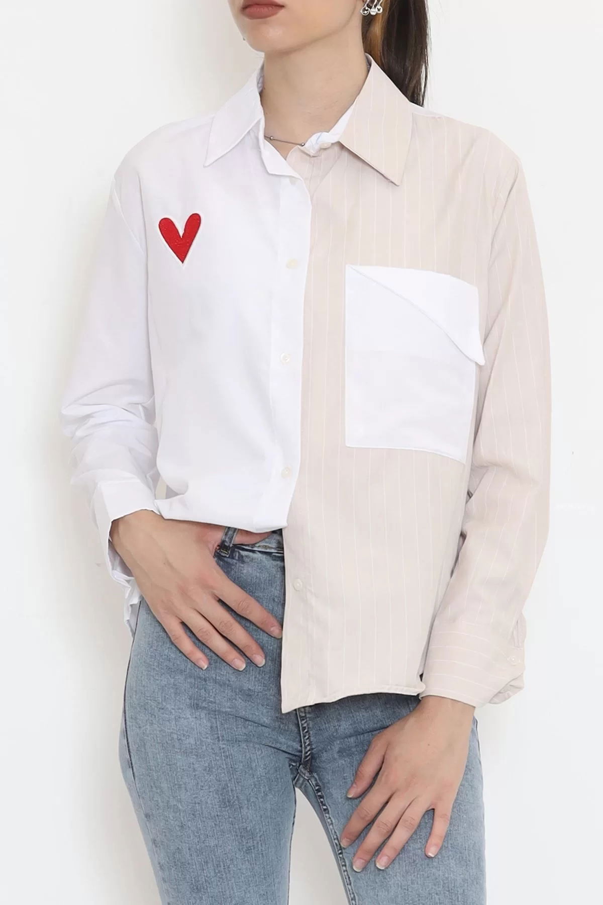 Heart Embroidered Shirt Stone White - 986.1247.