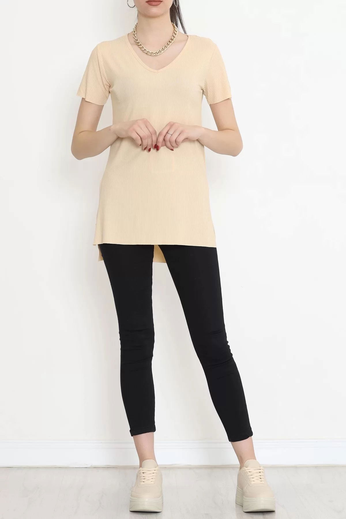 V-Neck T-Shirt with Slits Beige - 1998.555.