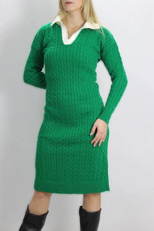 Shirt Collar Knitted Sweater Dress Green - 07190