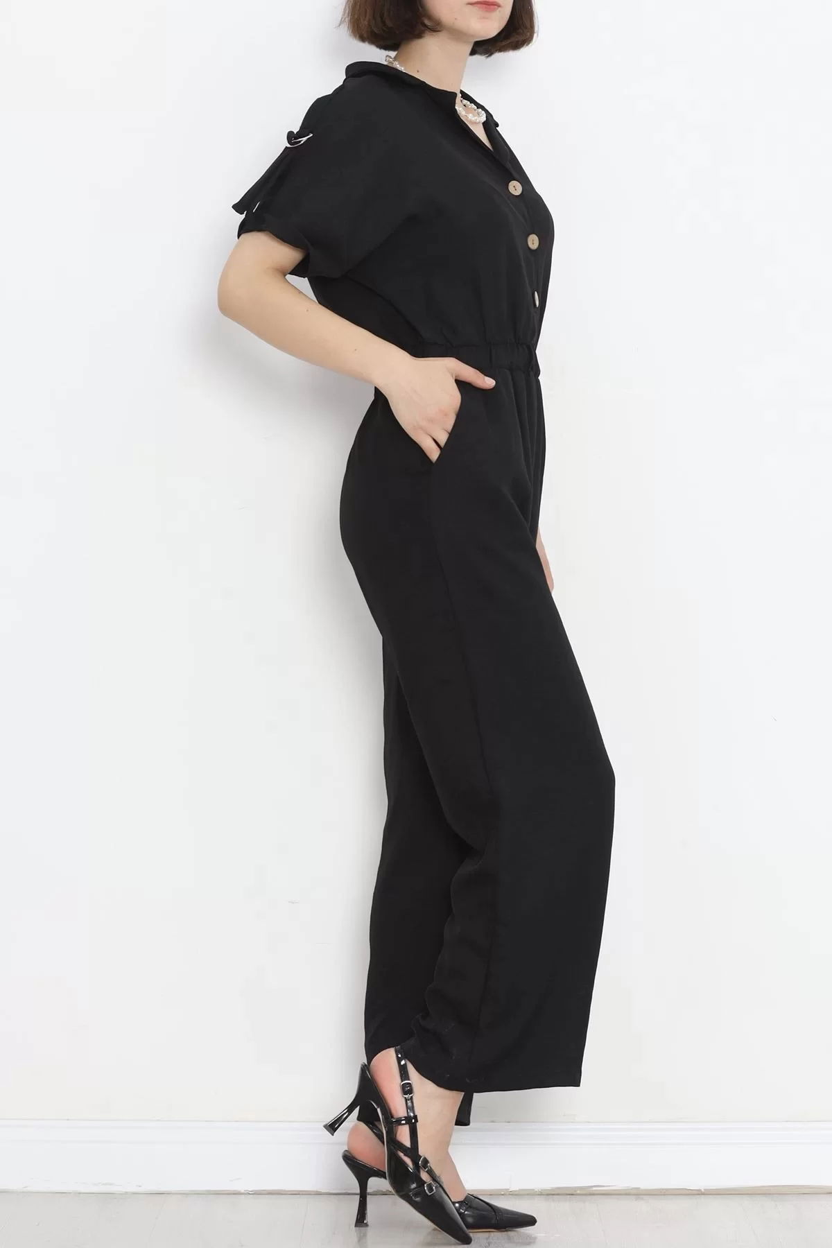 Double-breasted Collar Linen Jumpsuit Black - 16825.1778.