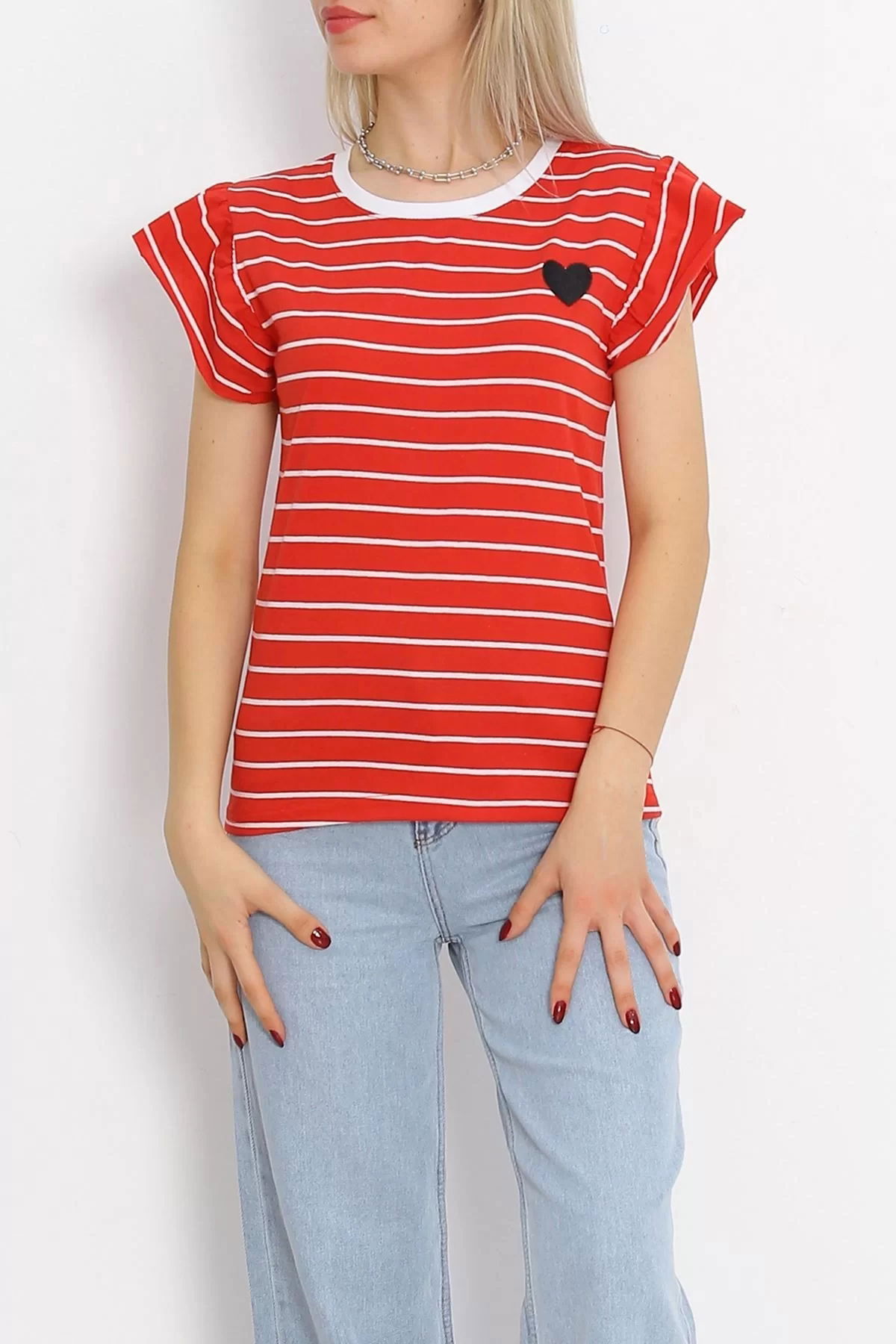 Embroidered Sleeve Ruffle T-shirt Red - 15920.1567.