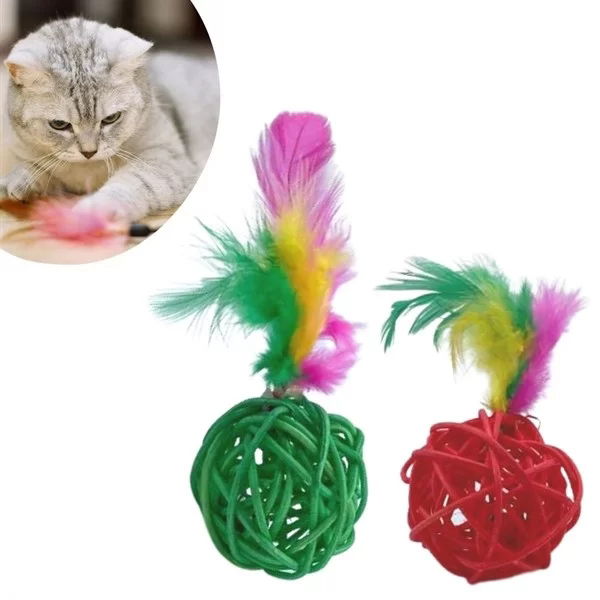 Tufeyo 2-Piece Rattan Colorful Plush Feather Cat Dog Toy Catch Chew Rattle Ball Toy