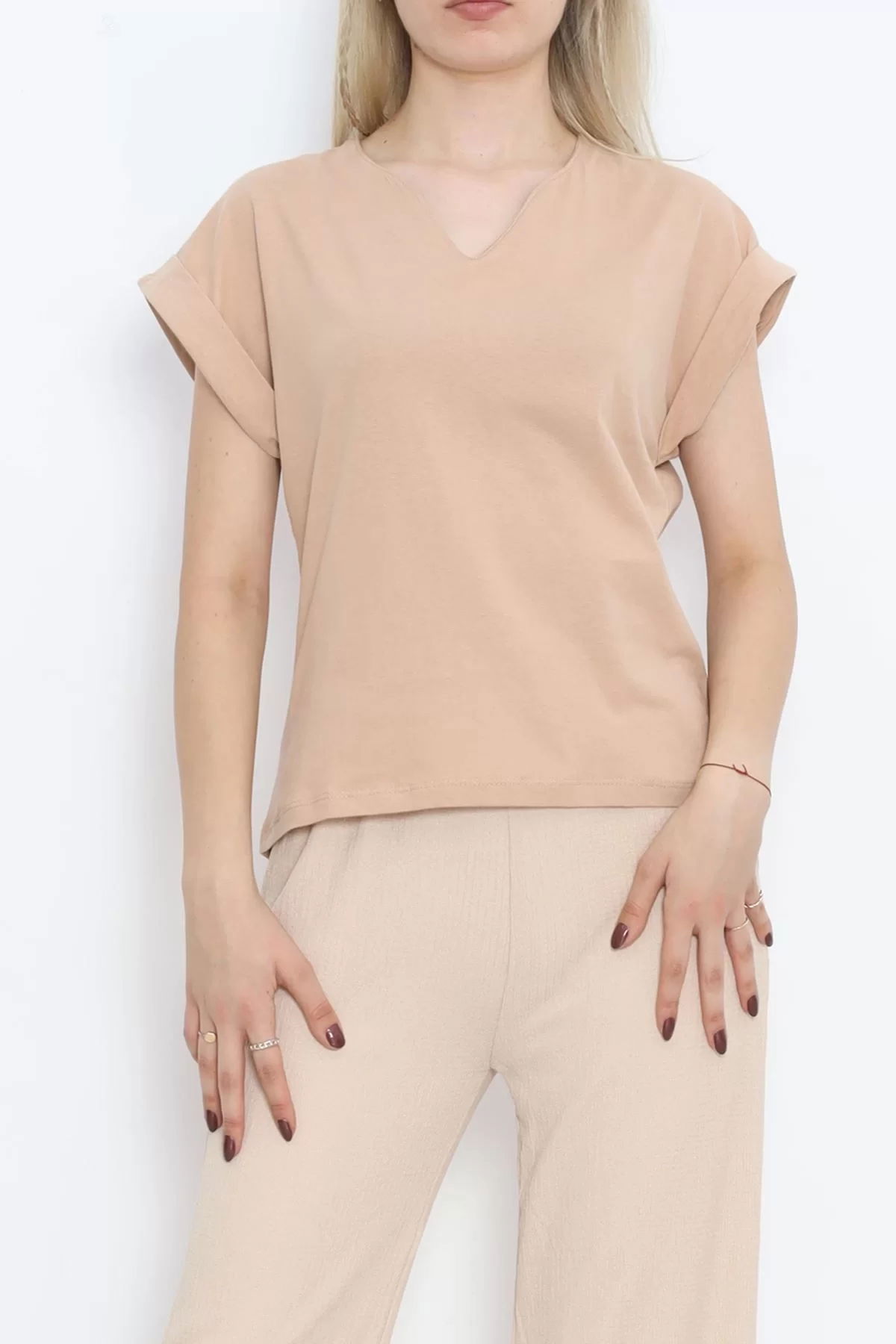 Pear Neck Double Sleeve T-Shirt Biscuit - 15873.1567.