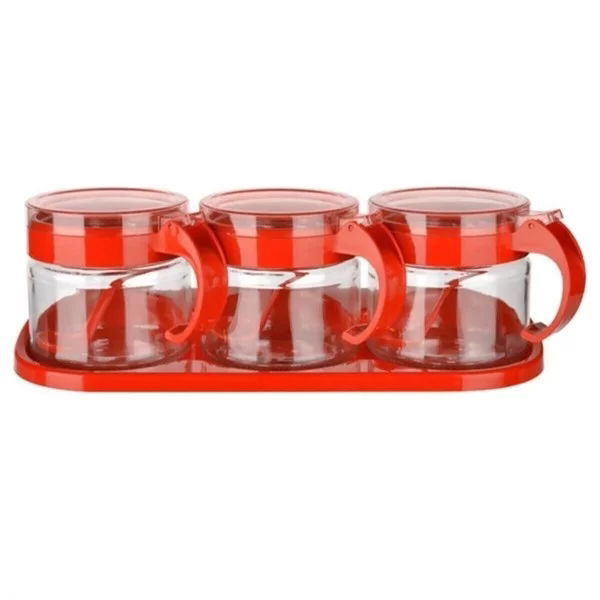 Tufeyo Red 3 Piece Standing Glass Airtight Spice Rack Set with Lid and Spoon Kc-386