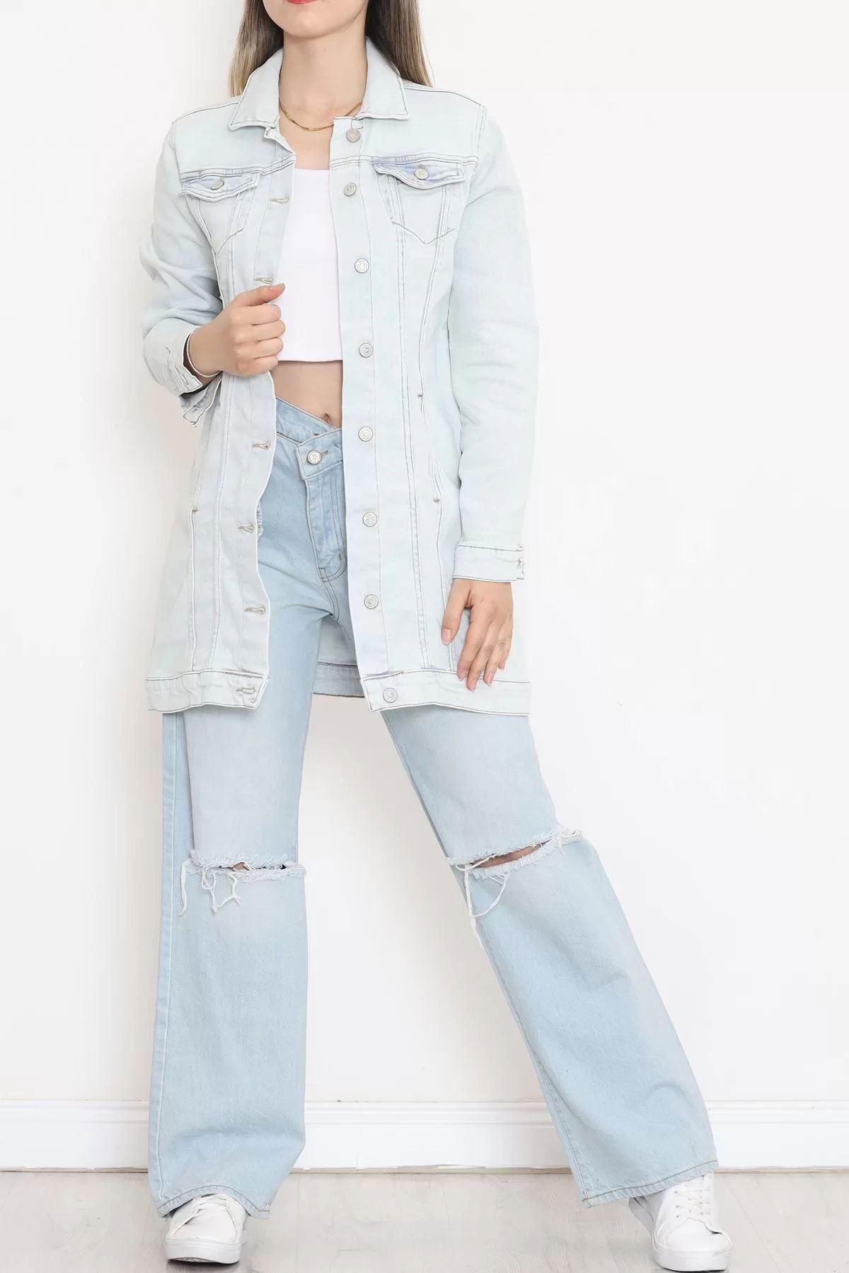 Double Pocket Long Denim Jacket Ice Blue - 18547.1836.