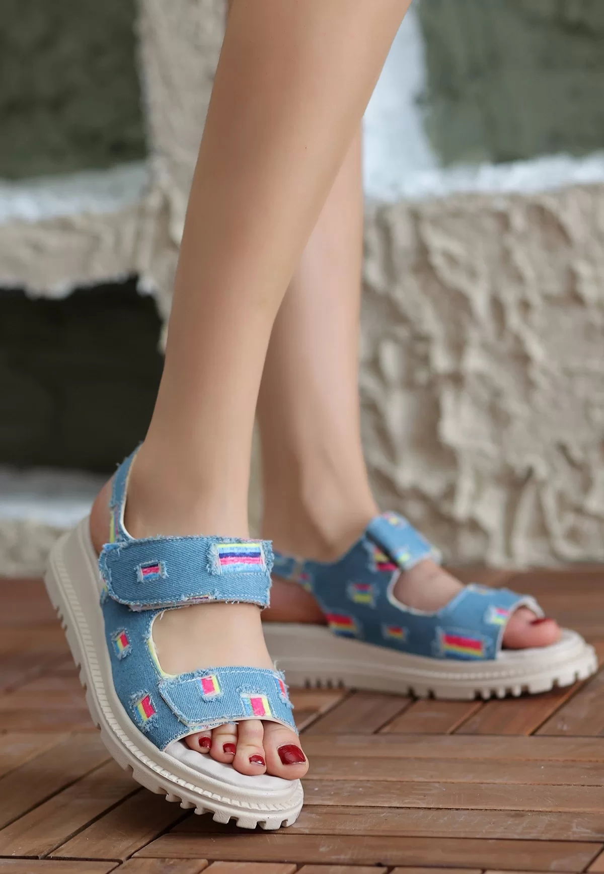 Foin Blue Denim Velcro Sandals