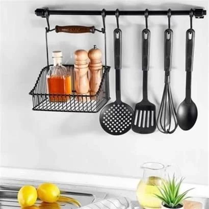 Tufeyo Retro Wrought Iron Hanging Organizer Kitchen Basket with Black Wooden Handles