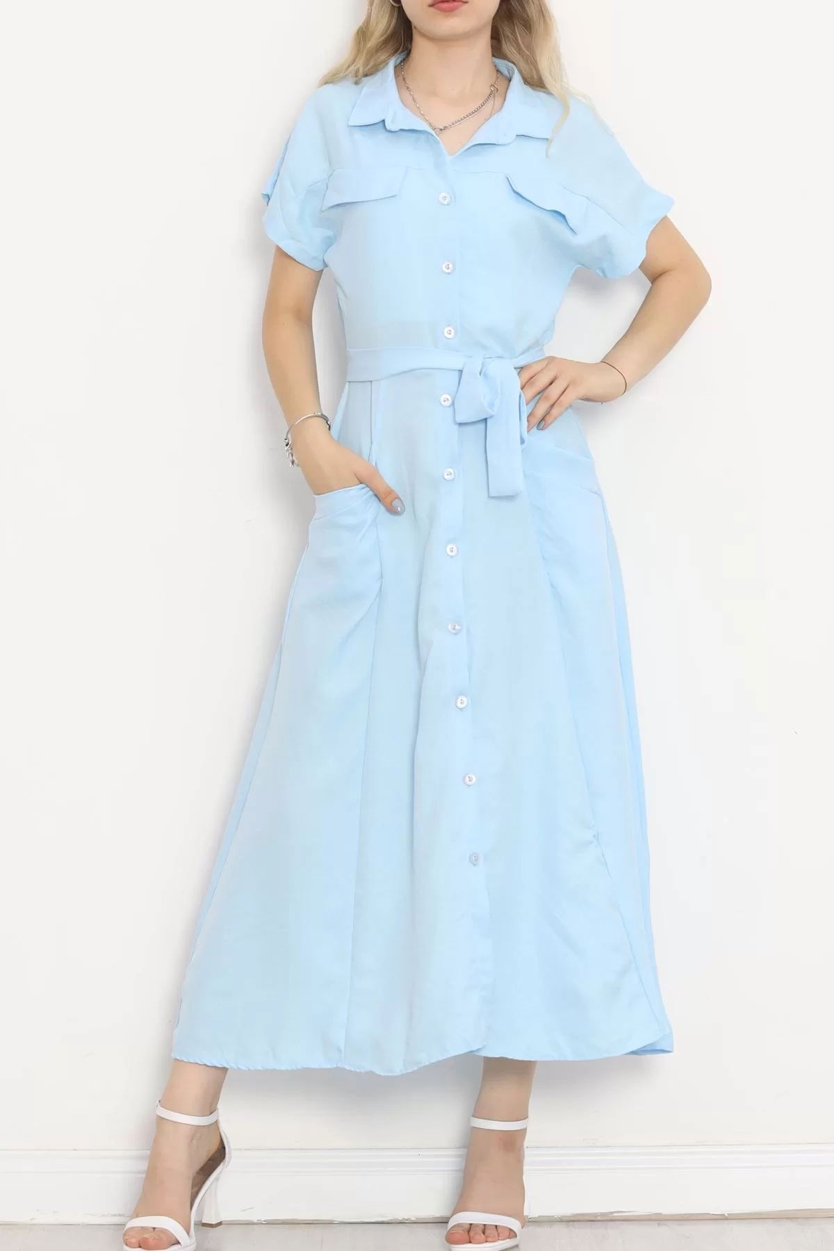 Pocket Detail Belted Dress Light Blue - 18674.1778.