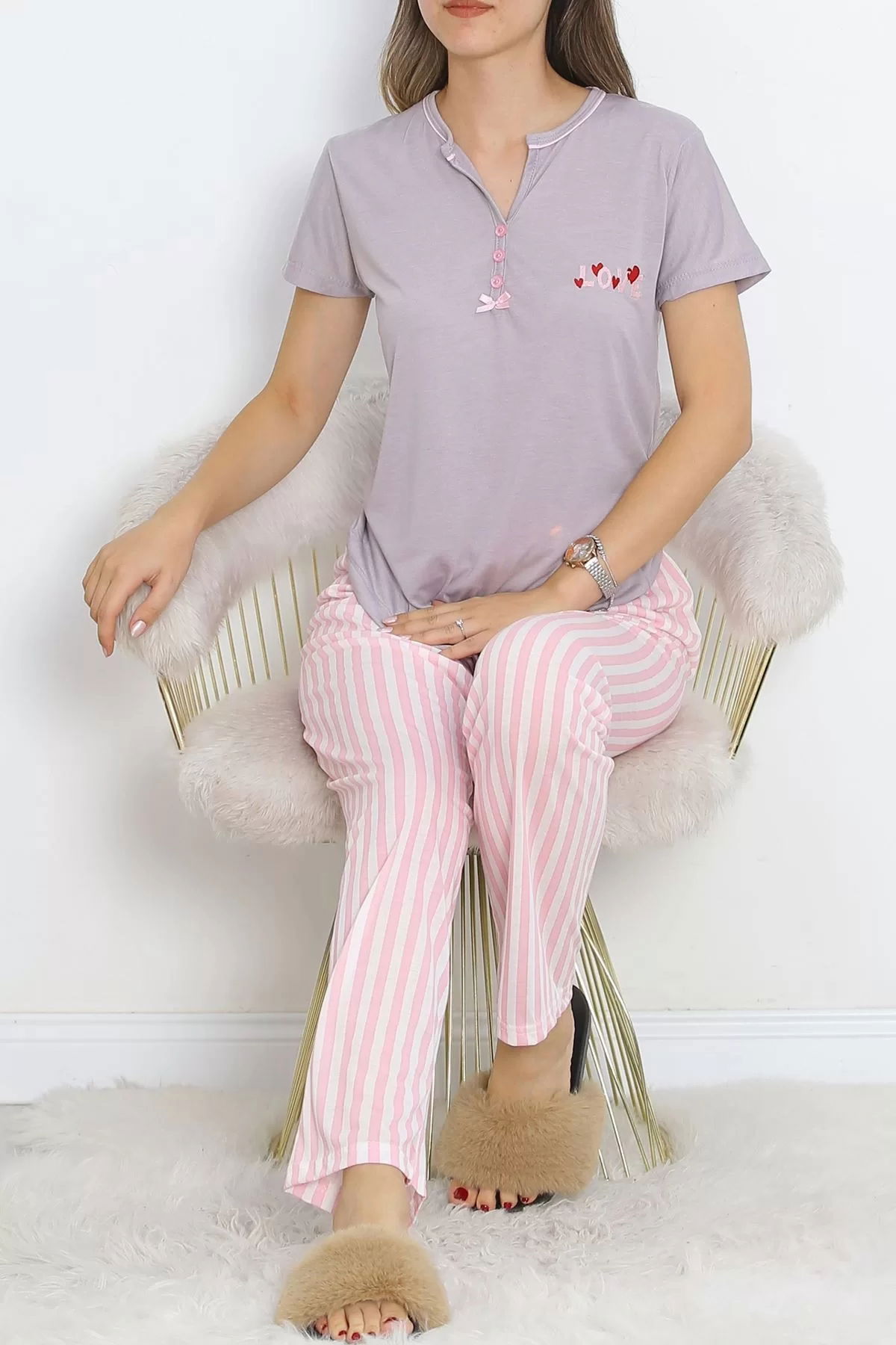 Pear Collar Short Sleeve Pajama Set with Intermediate Piping Pink - 705.1287.