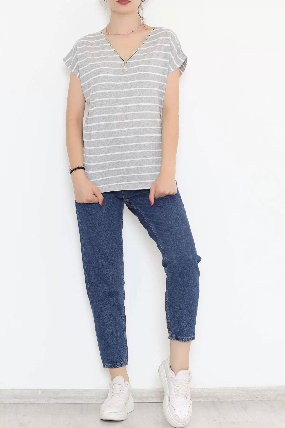 Striped T-shirt with zipper Grey1 - 9657.1567.