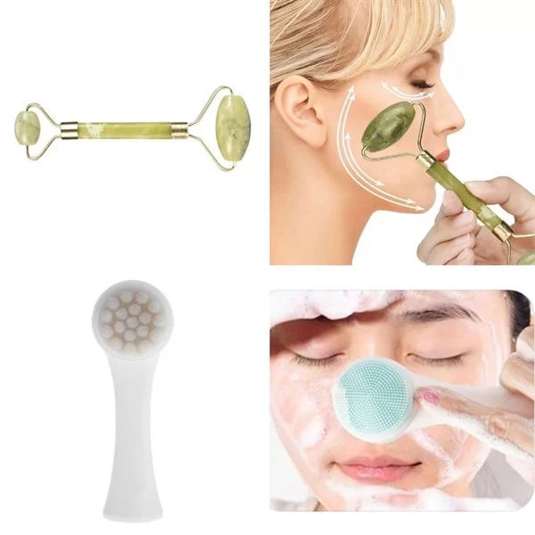 Tufeyo Set of 2 Double Sided Skin Cleansing Brush And Jade Stone Double Sided Skin Massager