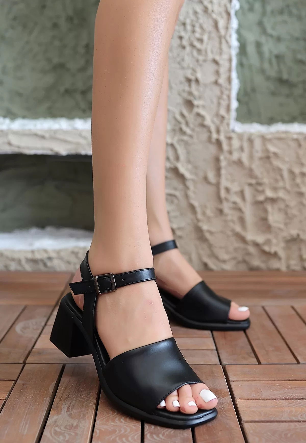 Sirena Black Skin Heeled Sandals