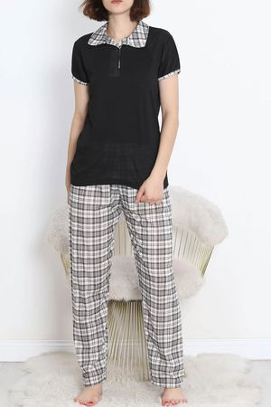 Poly Viscose Polo Collar Pajama Set Black Check - 896.1287.