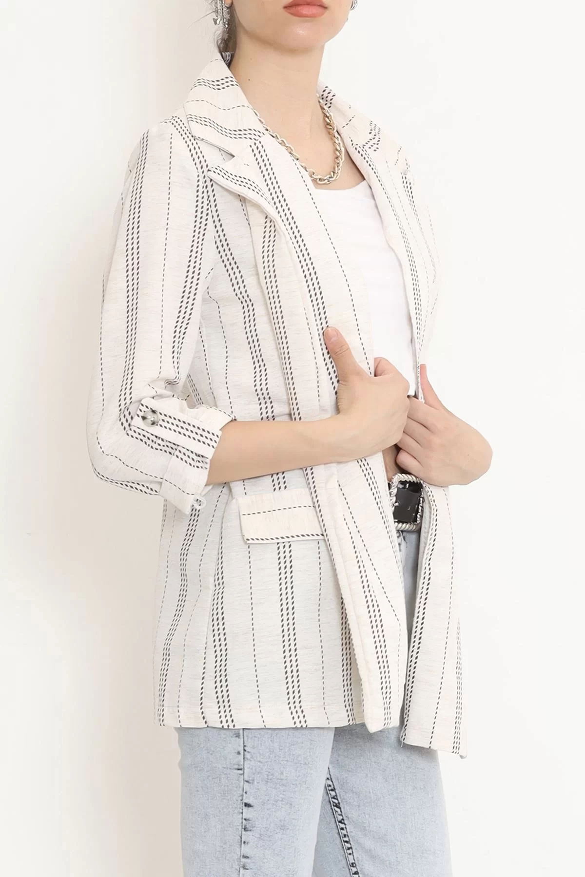 Linen Striped Jacket Ekrukahve - 1024.1247.