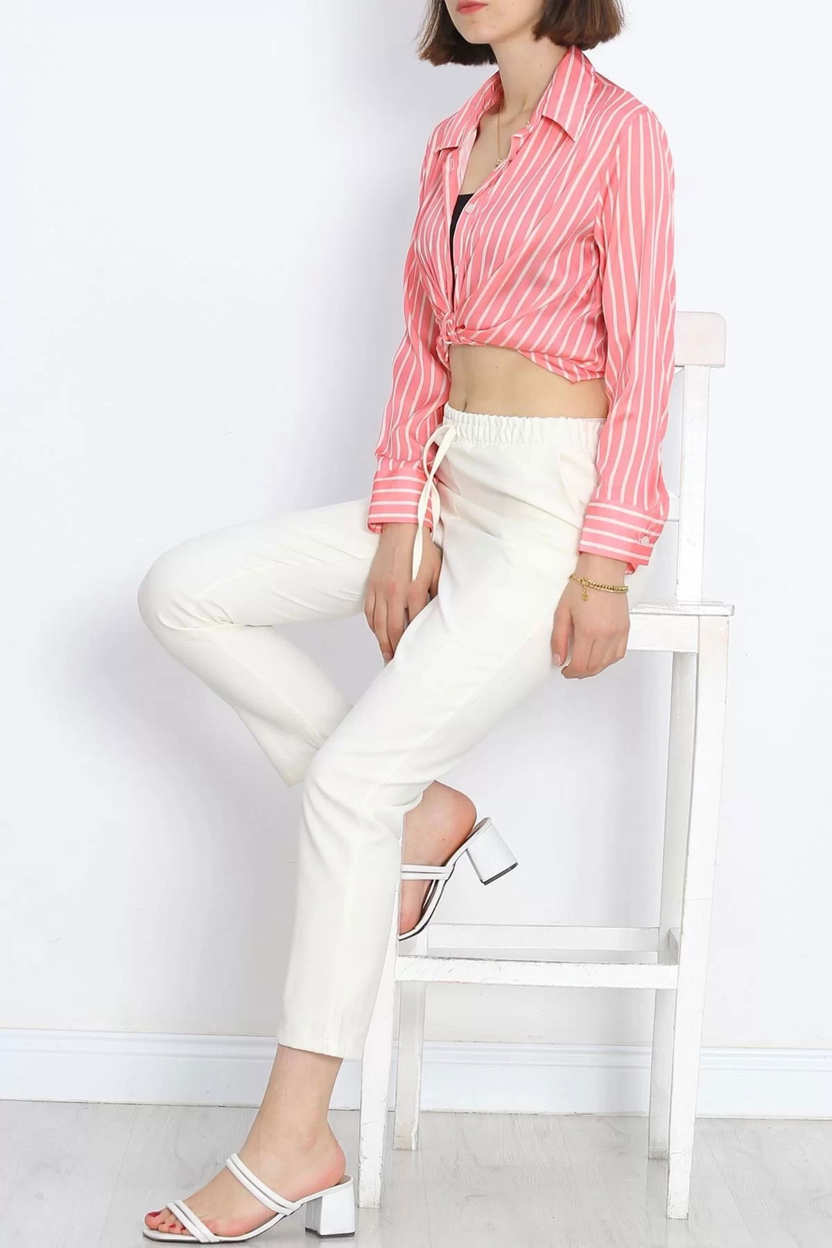 Striped Satin Shirt Pink-White - 18889.1247.