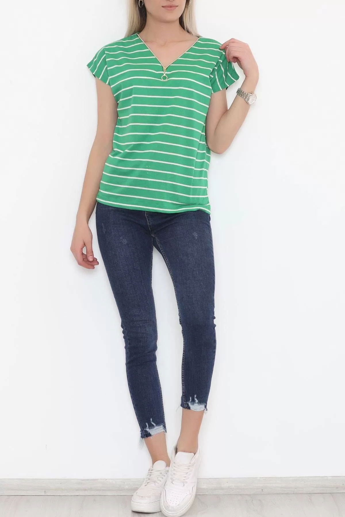 Zippered Striped T-shirt Green - 9657.1567.