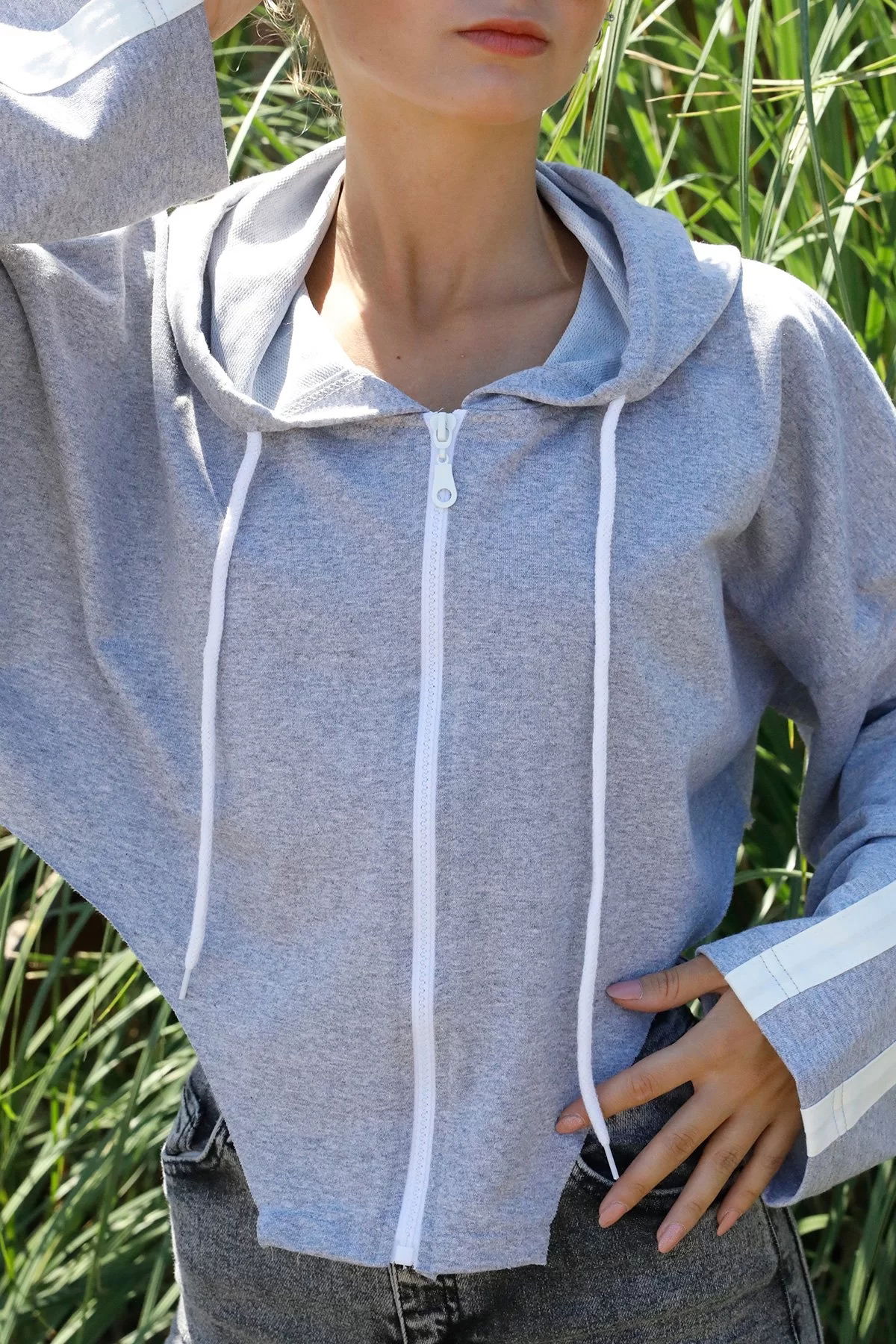 Hooded Side Decollete Sweat Gray - P-019669