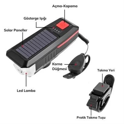 Tufeyo Solar Powered Usb Rechargeable Led Bicycle Flashlight With Horn And Waterproof Headlight