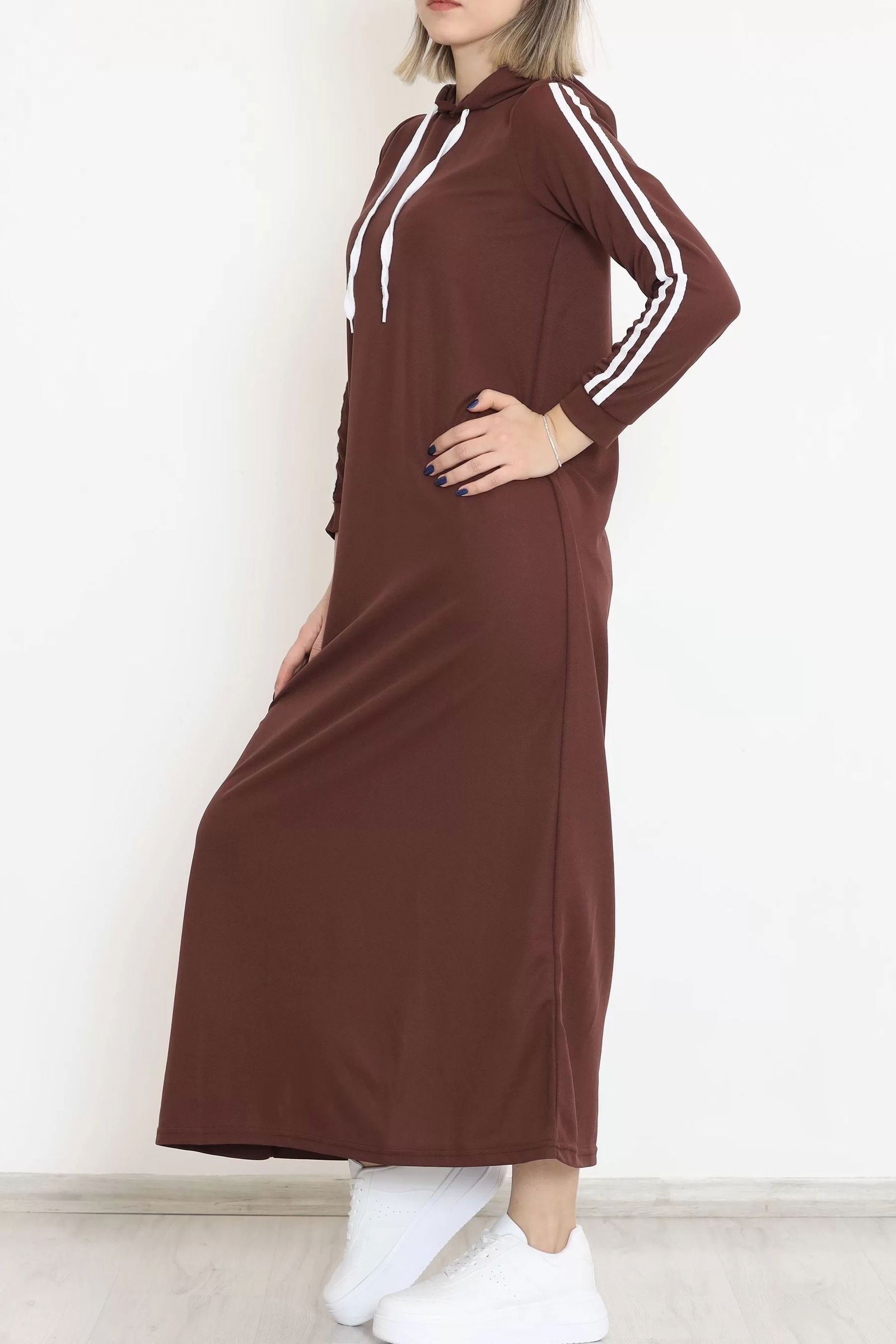 Hooded Stripe Detailed Dress Coffee - 10005.1778.