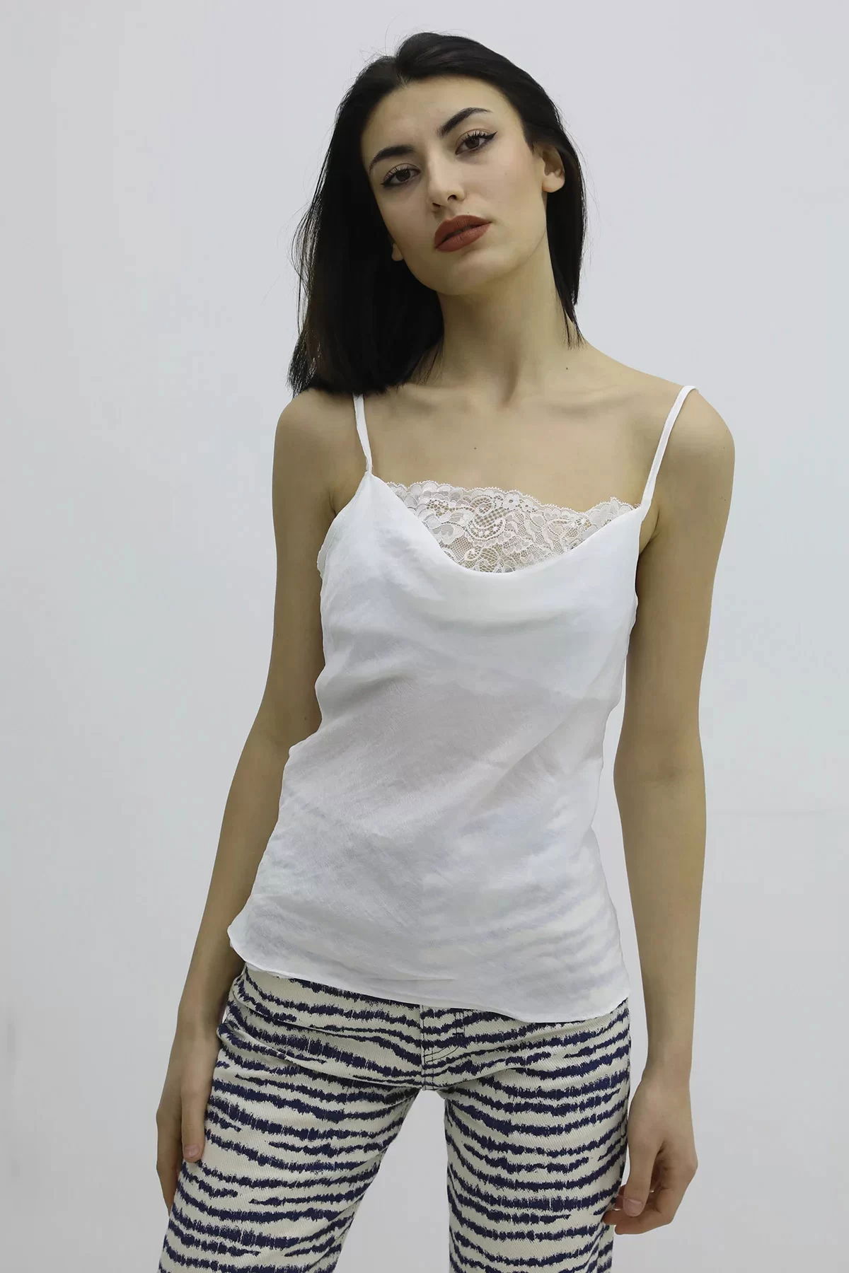 Lace Embroidered Blouse with String Straps Ecru - P-019808