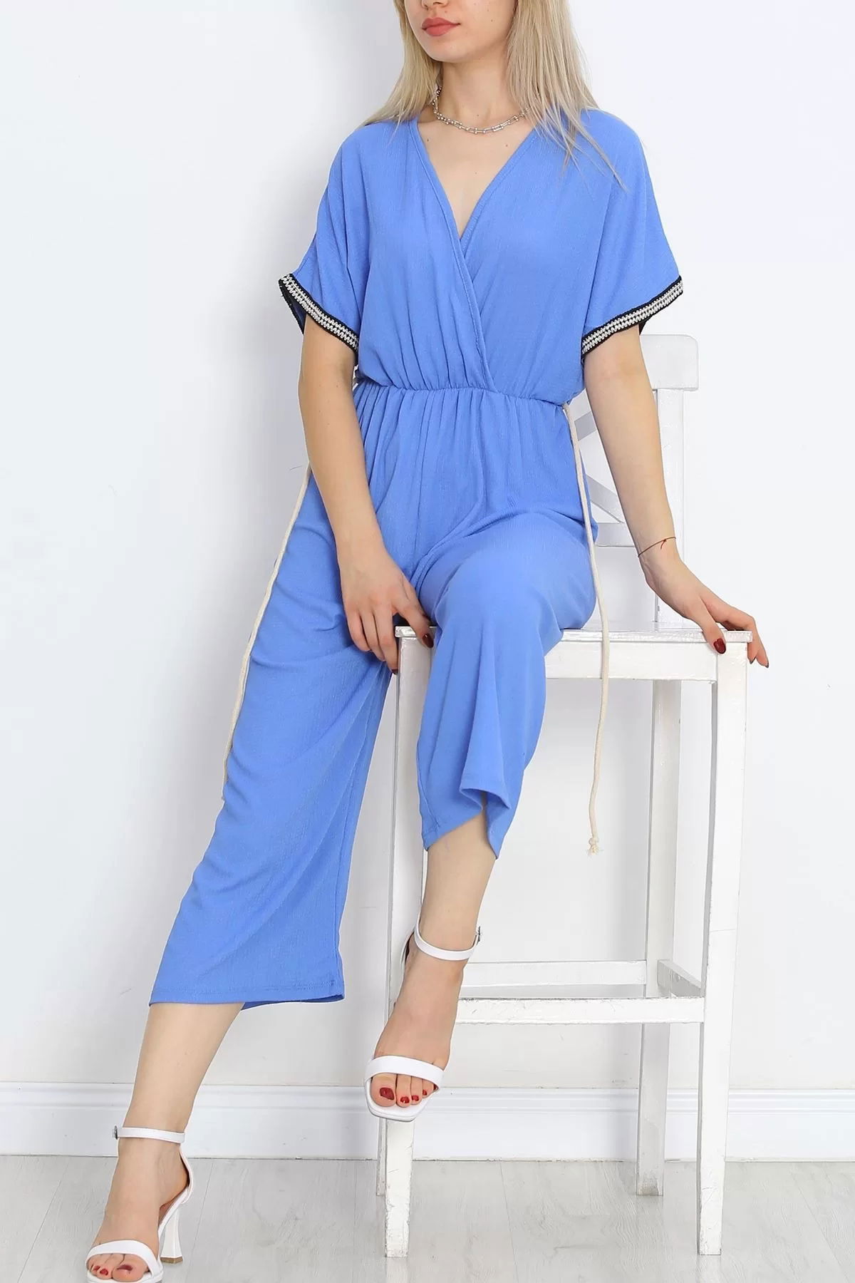 Knit Belt Burlap Jumpsuit Blue - 10007.1567.