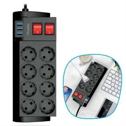 Tufeyo Heat Resistant Thermal Current Protected 2 Meter 16a 4000w 8 Socket Outlet And 3 Usb Extension Cable