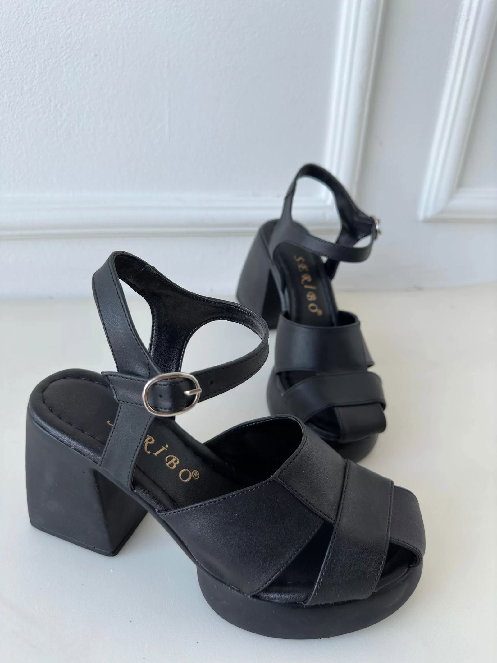 Jana Black Skin Filled Heel Sandals