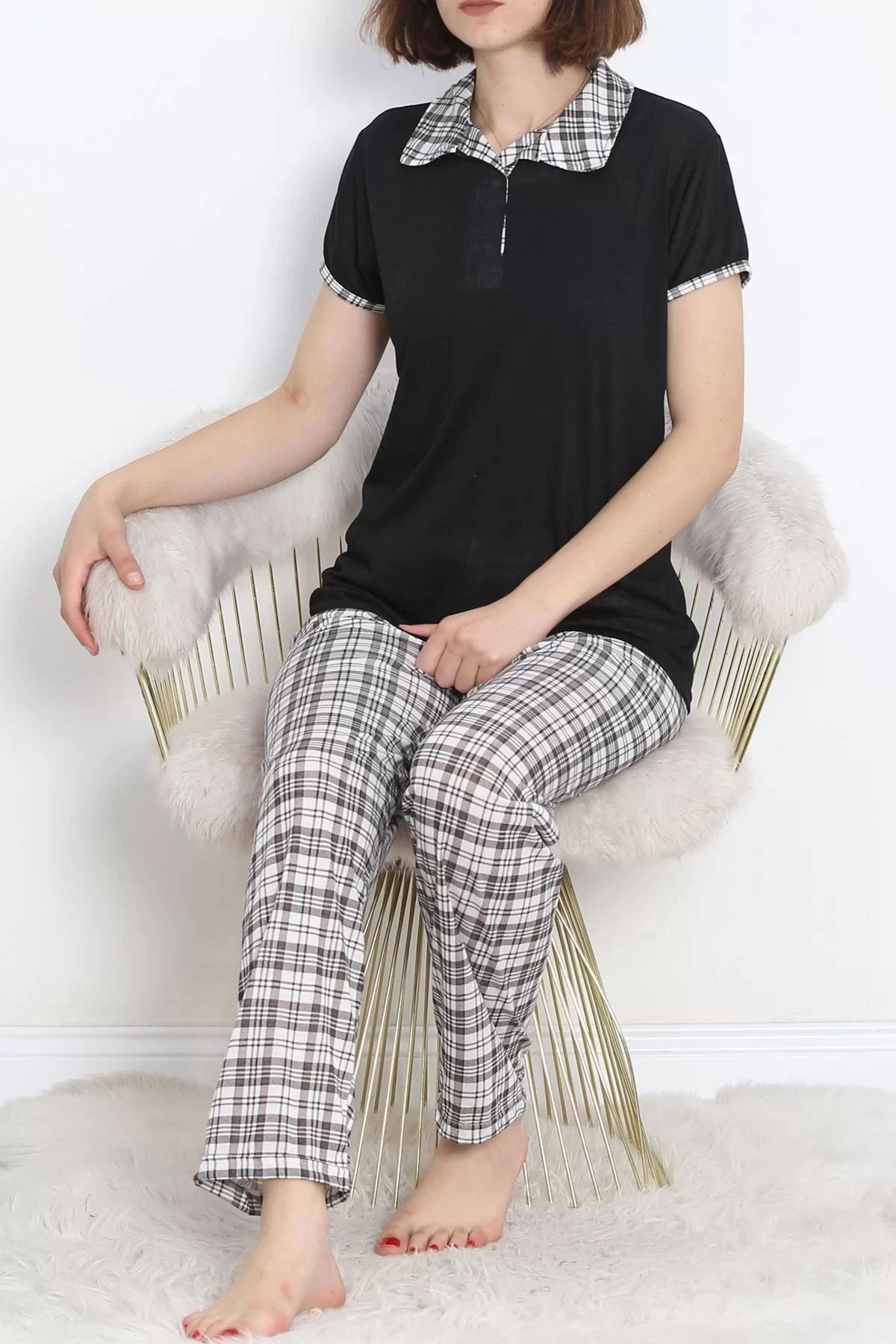 Poly Viscose Polo Collar Pajama Set Black Check - 896.1287.