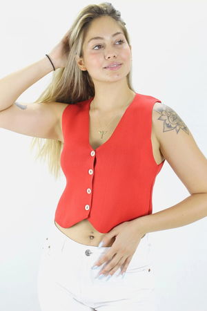 Plain Tricot Crop Vest Blouse Red - 1468.100