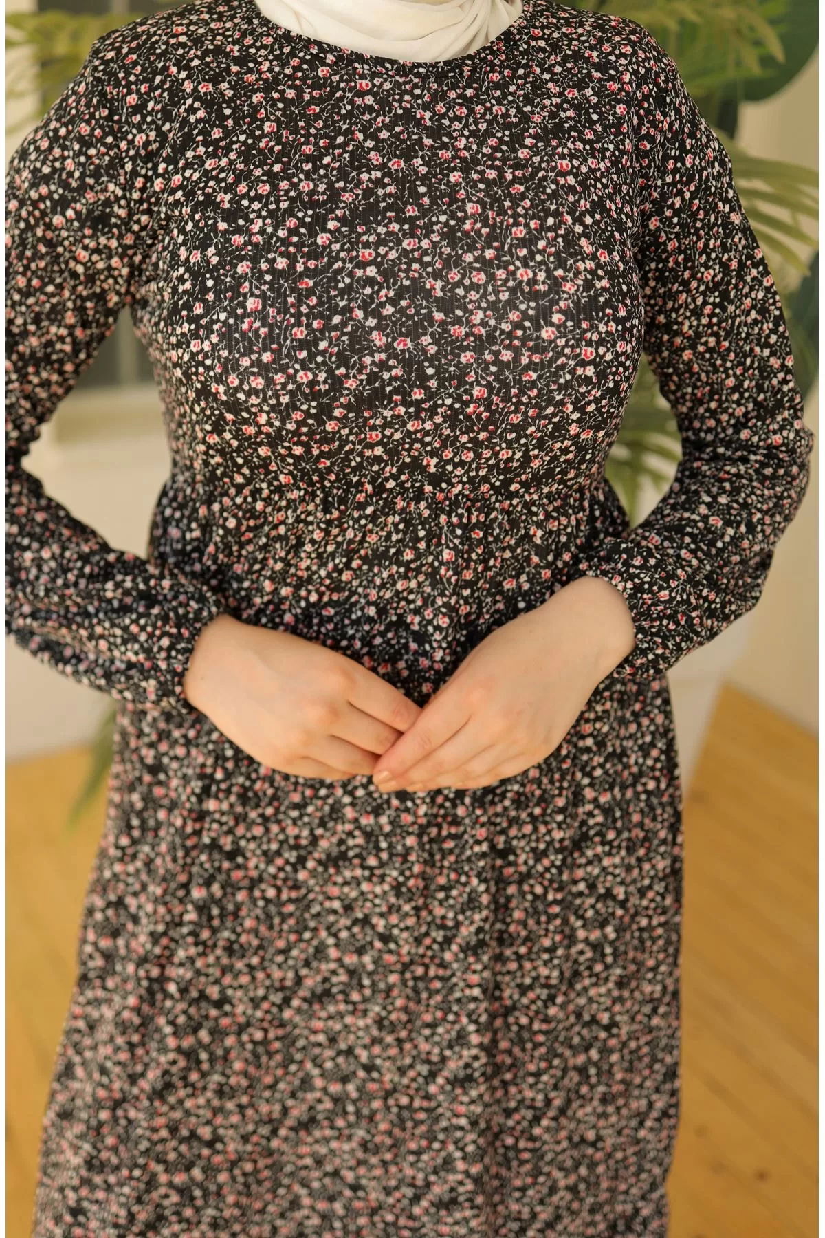 Patterned Lycra Knitted Dress Black Floral - 20390.1778.