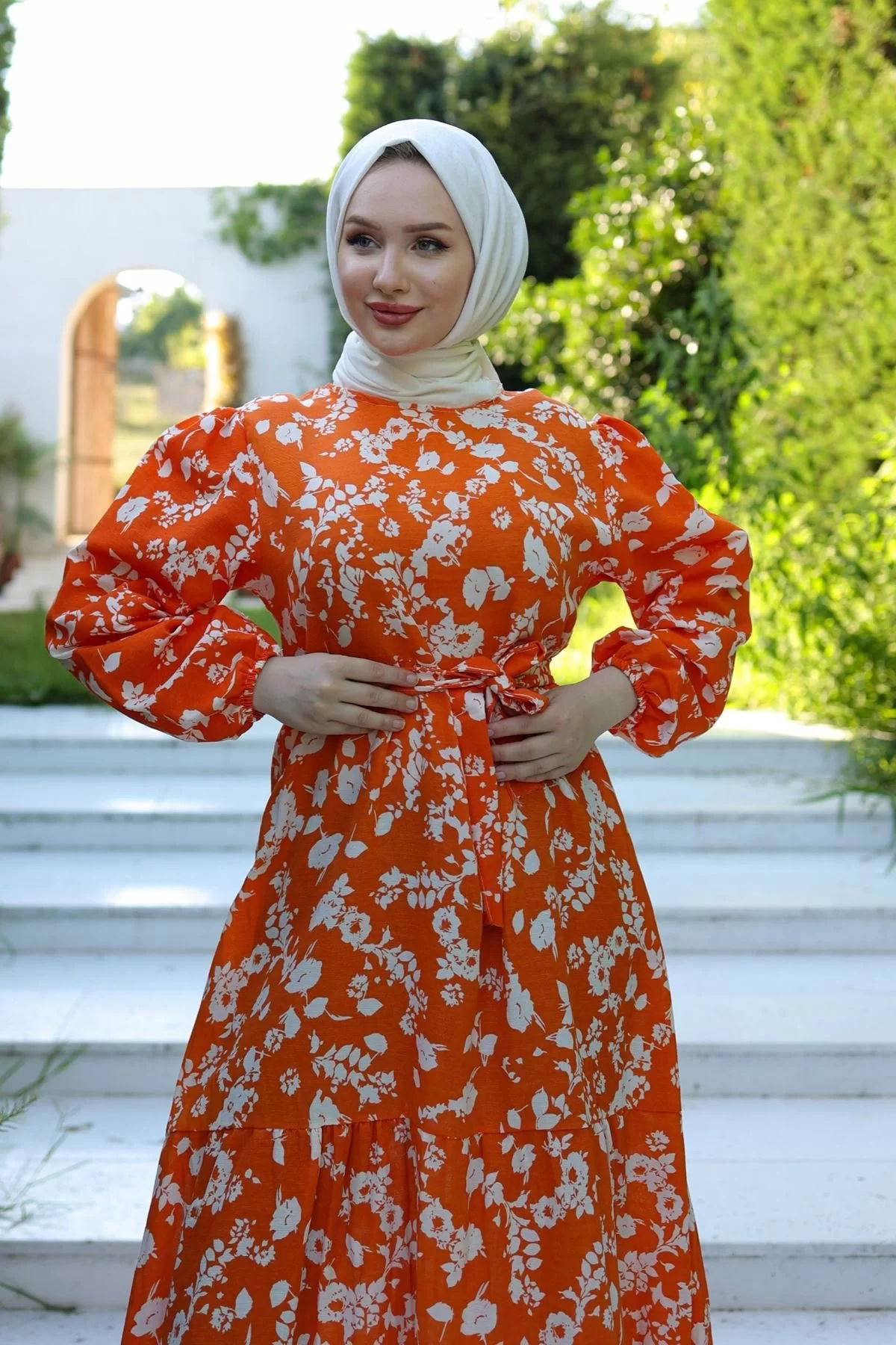 Patterned Dress Orange-White - 10067.1778.