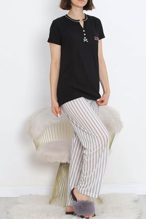 Pear Neck Short Sleeve Pajama Set with Intermediate Piping Blackgrey - 705.1287.