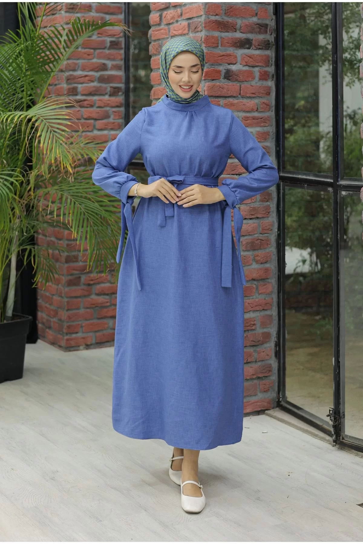 Linen Dress with Sleeve Ties Blue - 20346.1778.