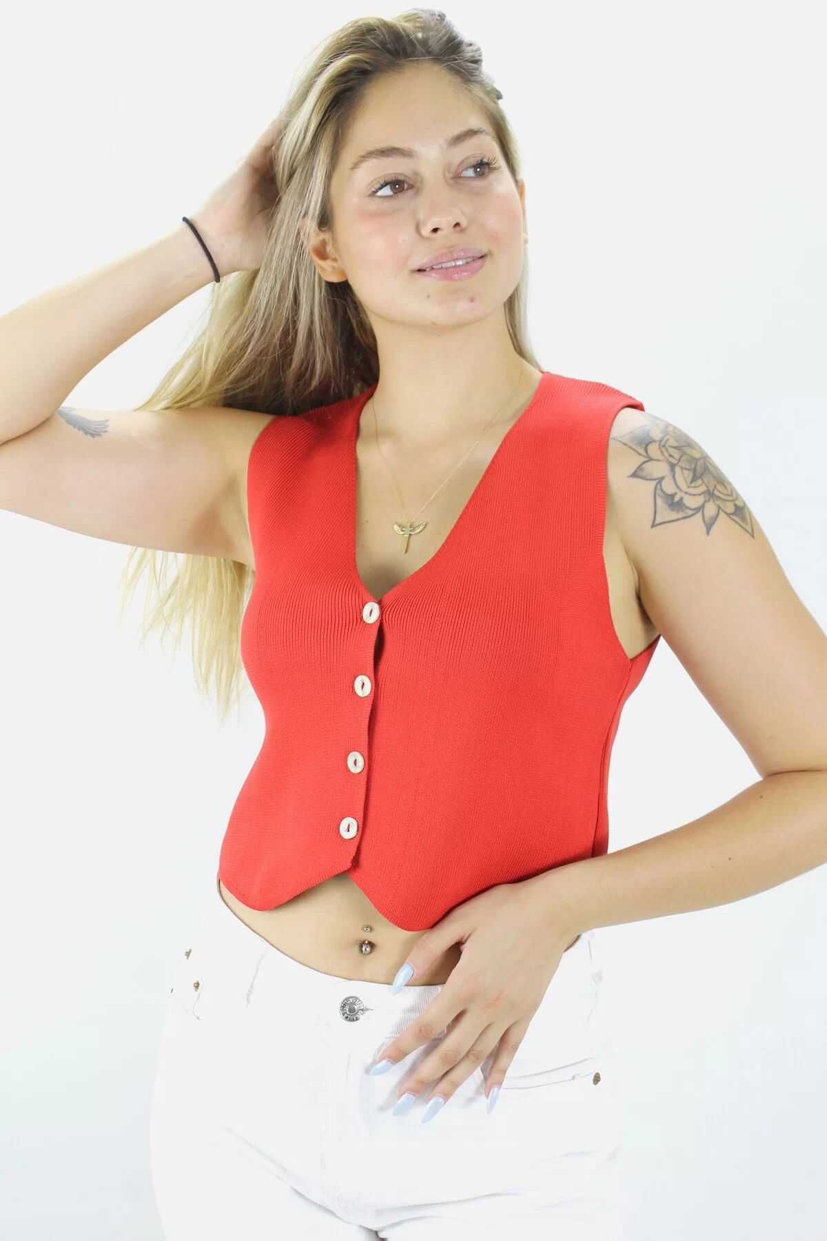 Plain Tricot Crop Vest Blouse Red - 1468.100