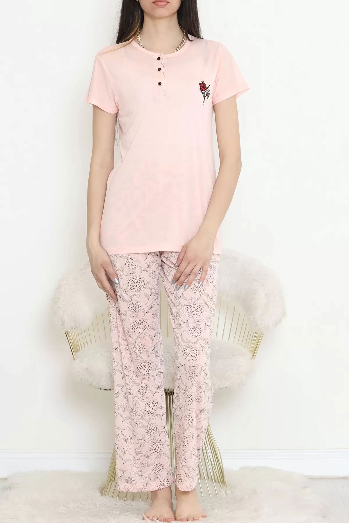 Button Pajama Set Açıksomon - 704.1287.