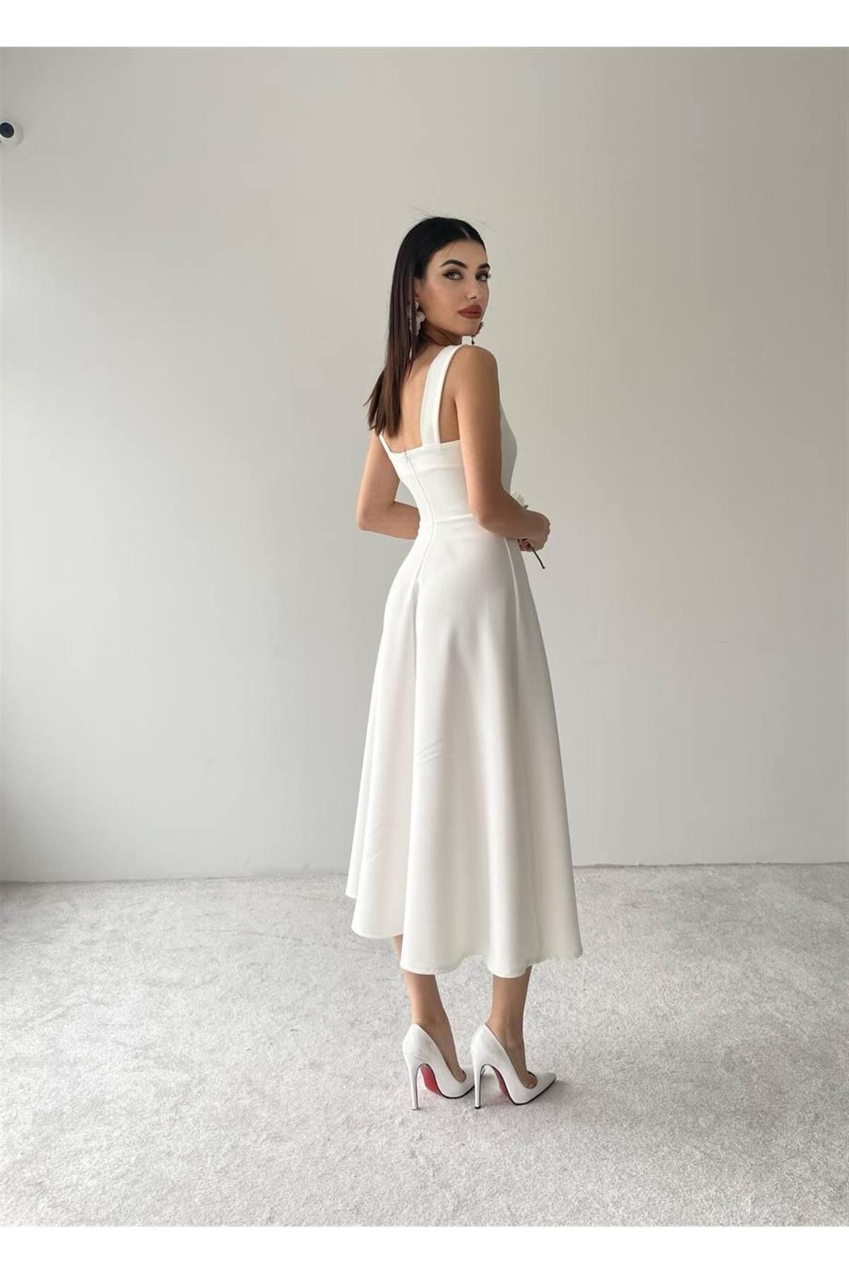 Colliope Square Neck Midi Length Dress -00037 - White