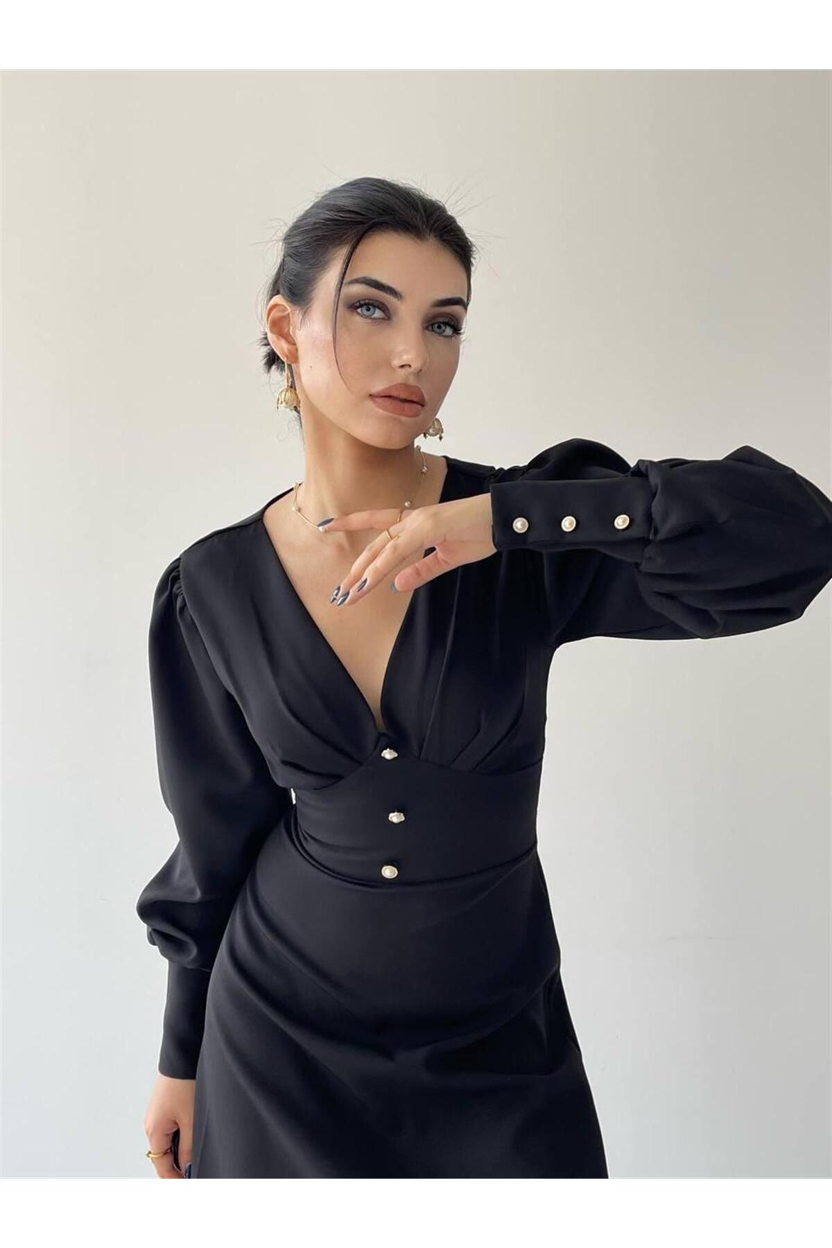 Casy Long Sleeve Button Detail Dress - Black