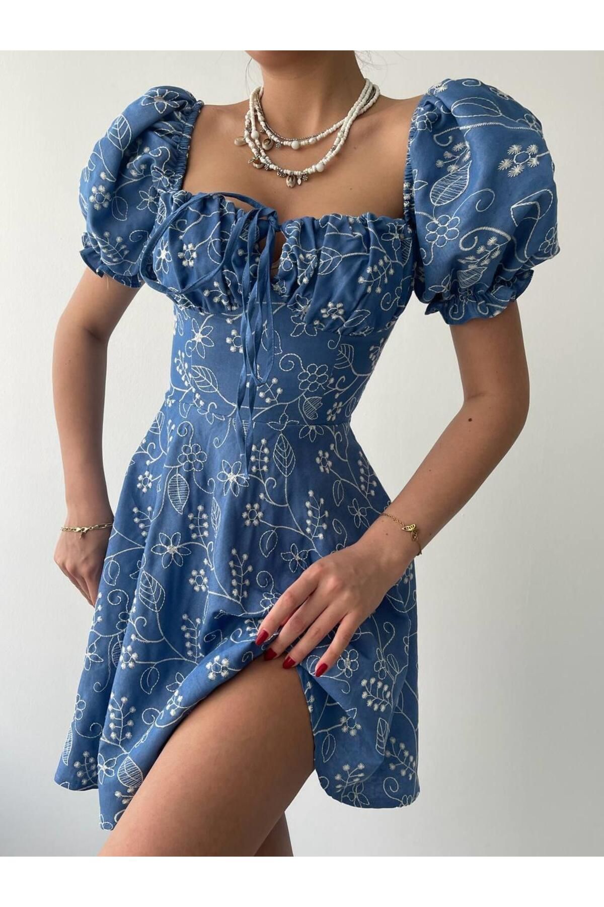 Embroidery Balloon Sleeve Mini Blue Dress