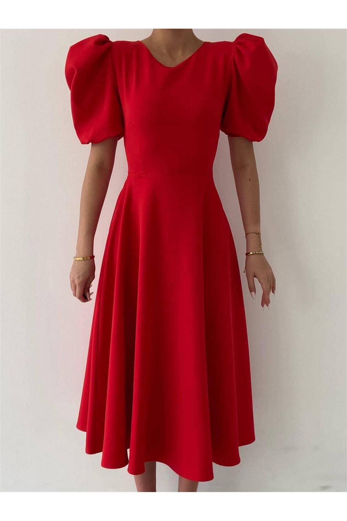 Viki Midi Length Flared Dress- 4414 - Red