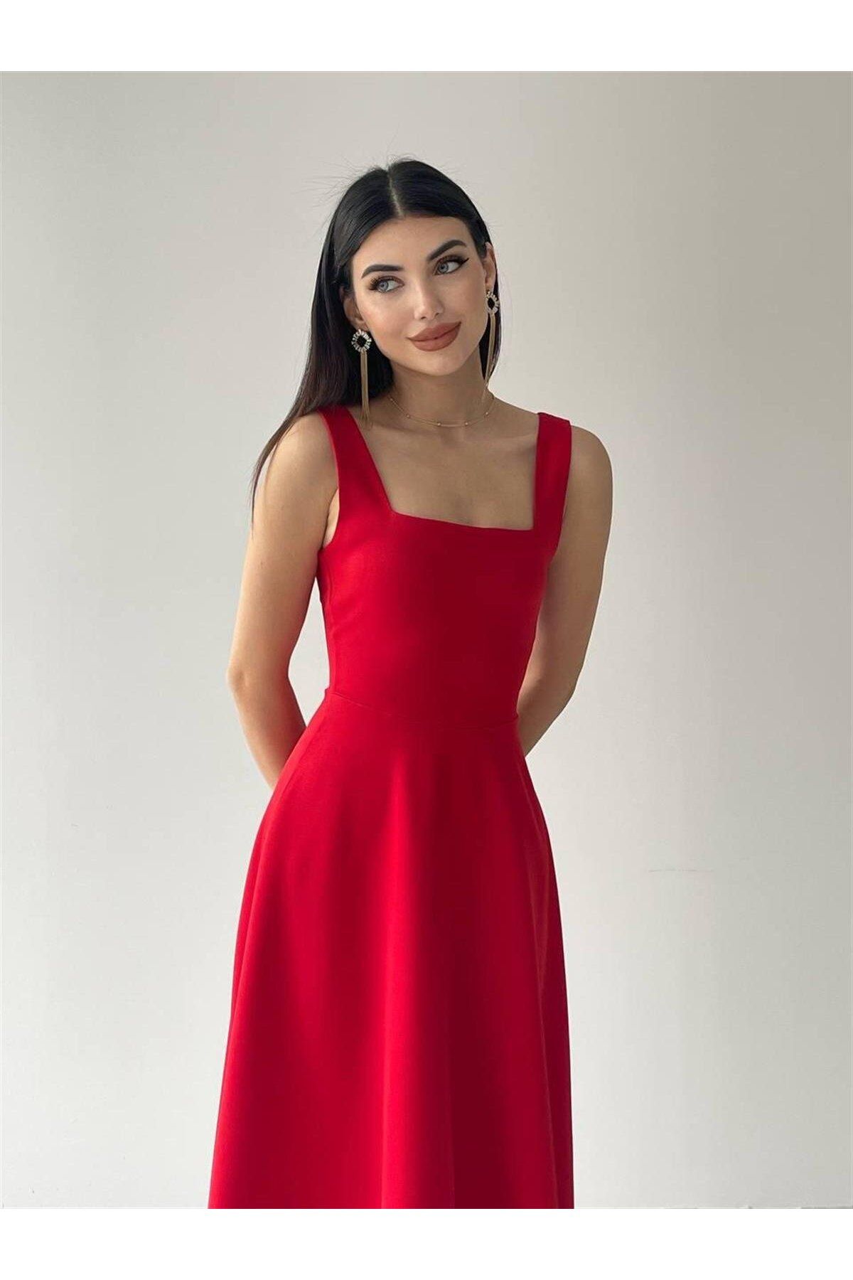 Colliope Square Neck Midi Length Dress -00037 - Red