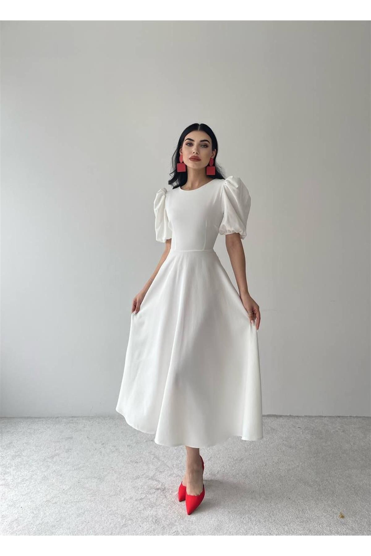 Viki Midi Length Flared Dress-4414 - White